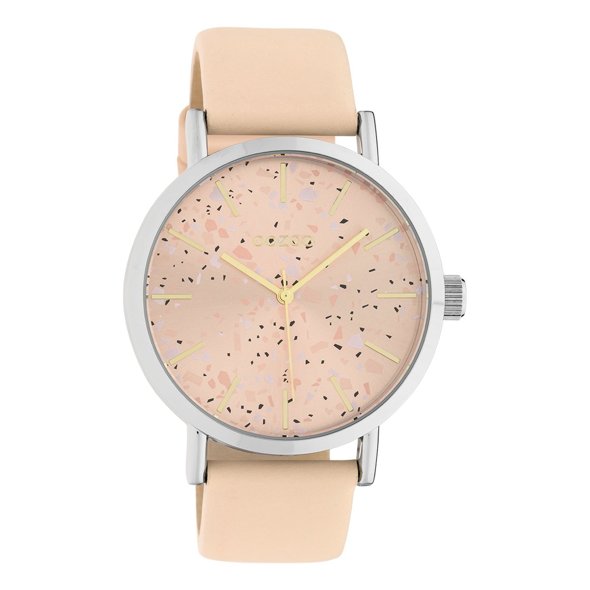 OOZOO Timepieces - Zilverkleurige horloge met zacht roze leren band - C10410