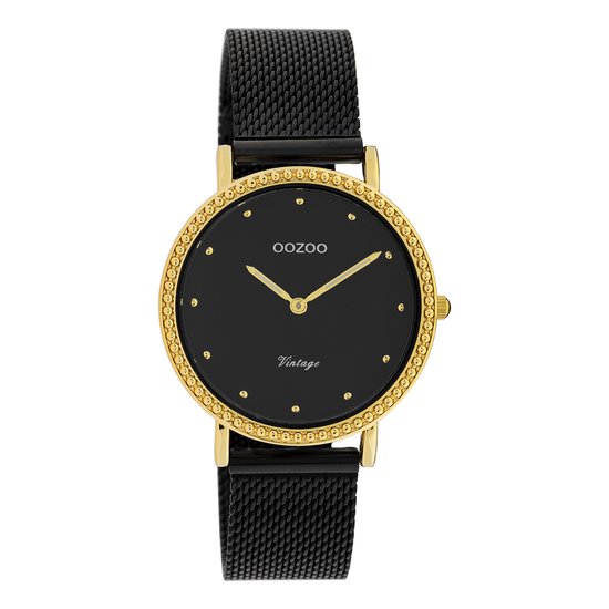 OOZOO Timepieces - Goudkleurige horloge met zwarte metalen mesh armband - C20058