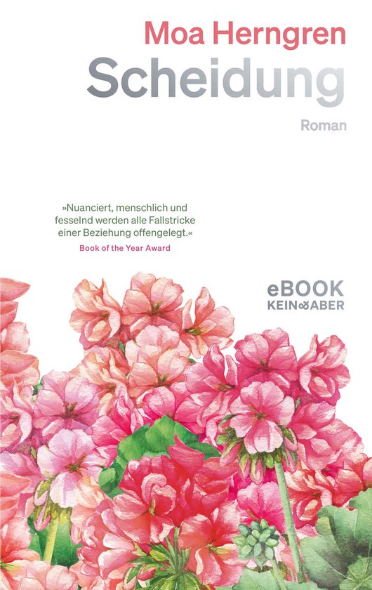 Boek "Scheidung" Roman door Moa Herngren met bloemenprint van roze en rode bloemen.