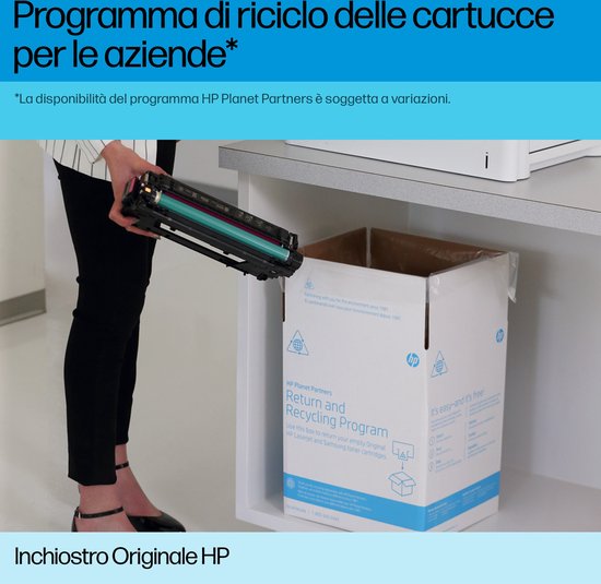Persoon plaatst tonercartridge in een HP recyclingdoos, met Inchiostro Originale HP tekst.