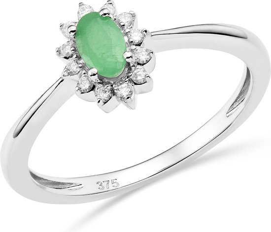 Miore Pure Ring - 9 Karaat - Zilverkleurig - Met Diamanten en een Groene Smaragd - Handgemaakte Sieraden - Elegant - Elegante Dames Sieraden - Maat 58