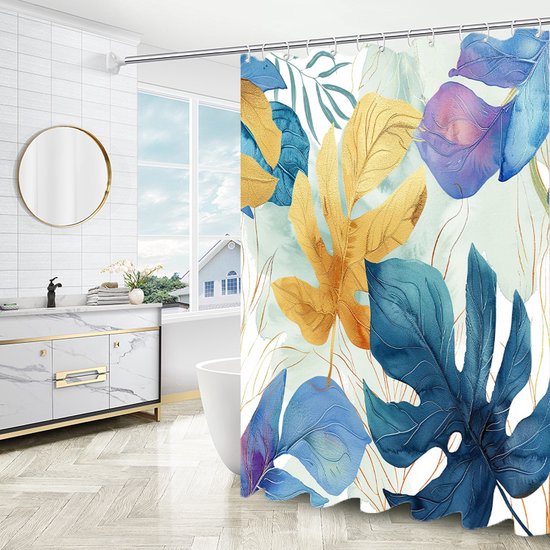 Douchegordijn, Wasbaar Badgordijnen Met 12 Haken En Zoombestendig Voor Bad En Douche,Wit,150 * 180CM