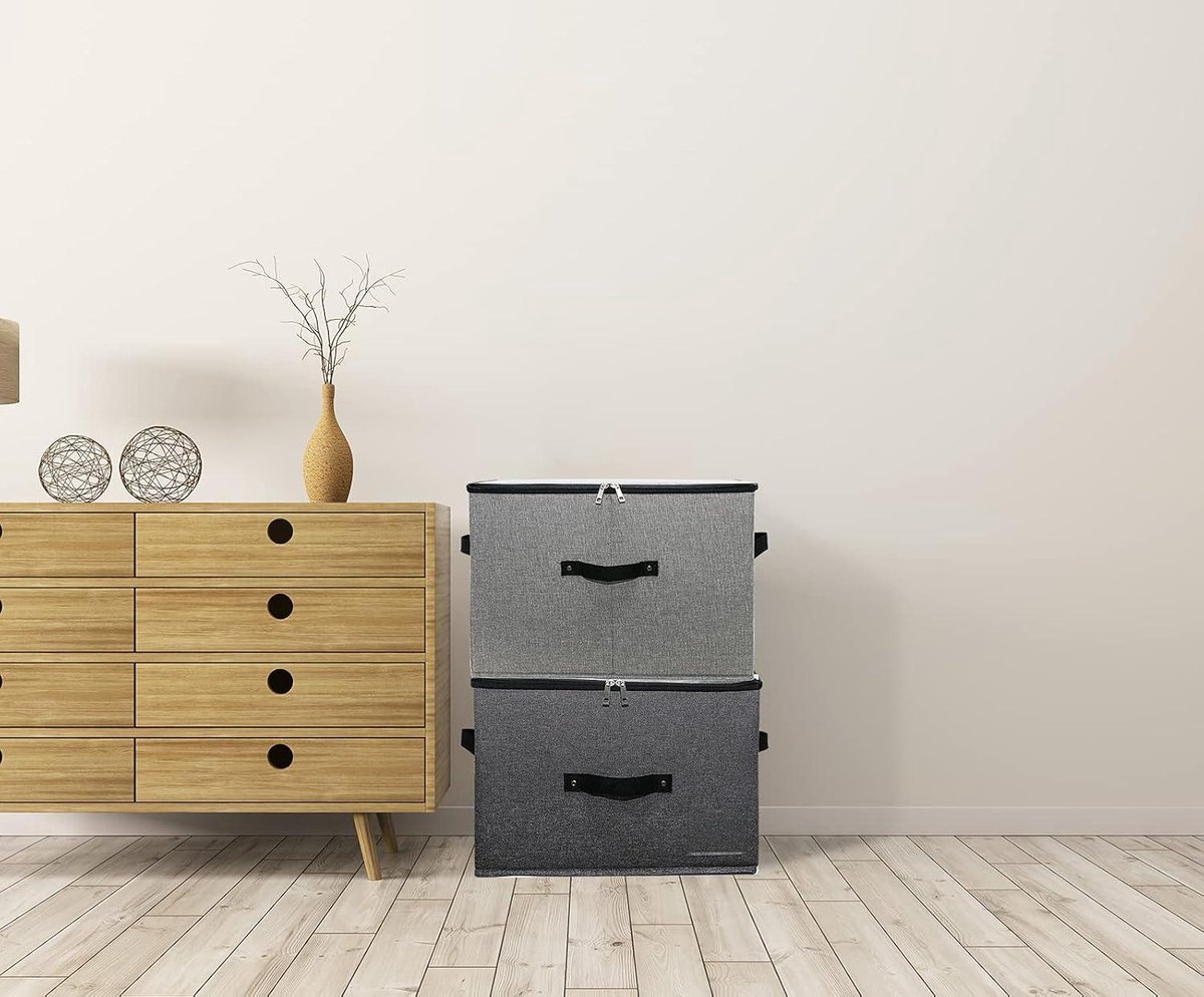 Omygarden Opvouwbare deksel opbergbak met scheidingsbord, 4 handgrepen, rits deksel, dekens kleding quilts opbergdoos organizer voor slaapkamer kast plank, 52×40×26cm, zwart grijs