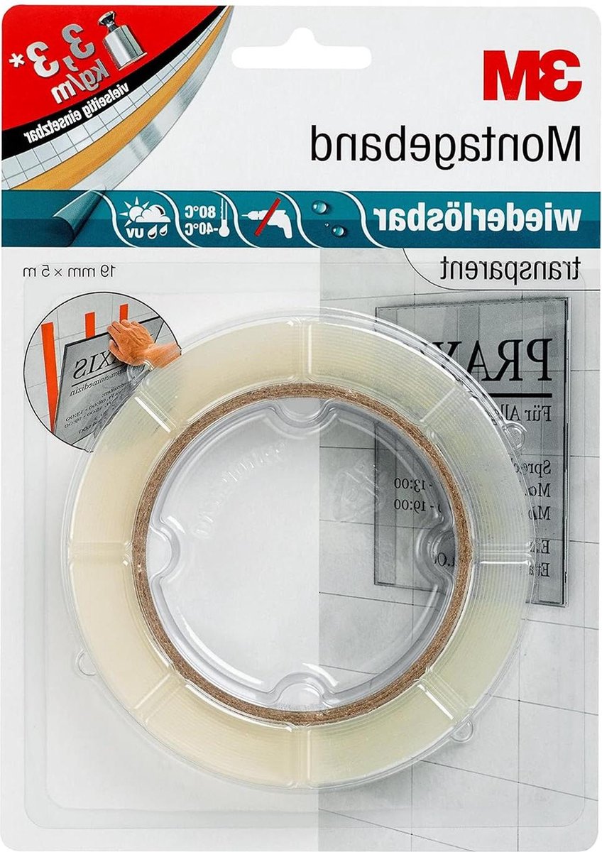 Dubbelzijdig plakband voor binnen- en buitengebruik - Verwijderbaar - 19 mm x 5 m x 08 mm - Transparant