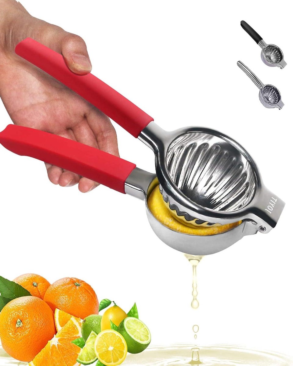 Extra grote roestvrijstalen citroenpers Premium Heavy Duty Citroenpers Hand Food Grade Siliconen Handvat Ergonomische Handmatige Citruspers met Massief Metalen Pers Kom Rood