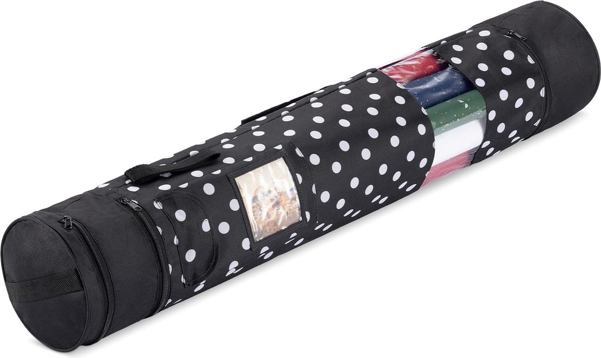 Geschenkpapier, organizer, opbergtas, opslag voor cadeaupapier, kaarten, cadeaulint, tas voor cadeaurollen, kerstpapier, zwart-wit