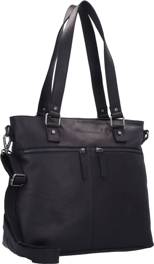 Zwarte lederen tas met twee ritsvakken, handvatten en een schouderband.