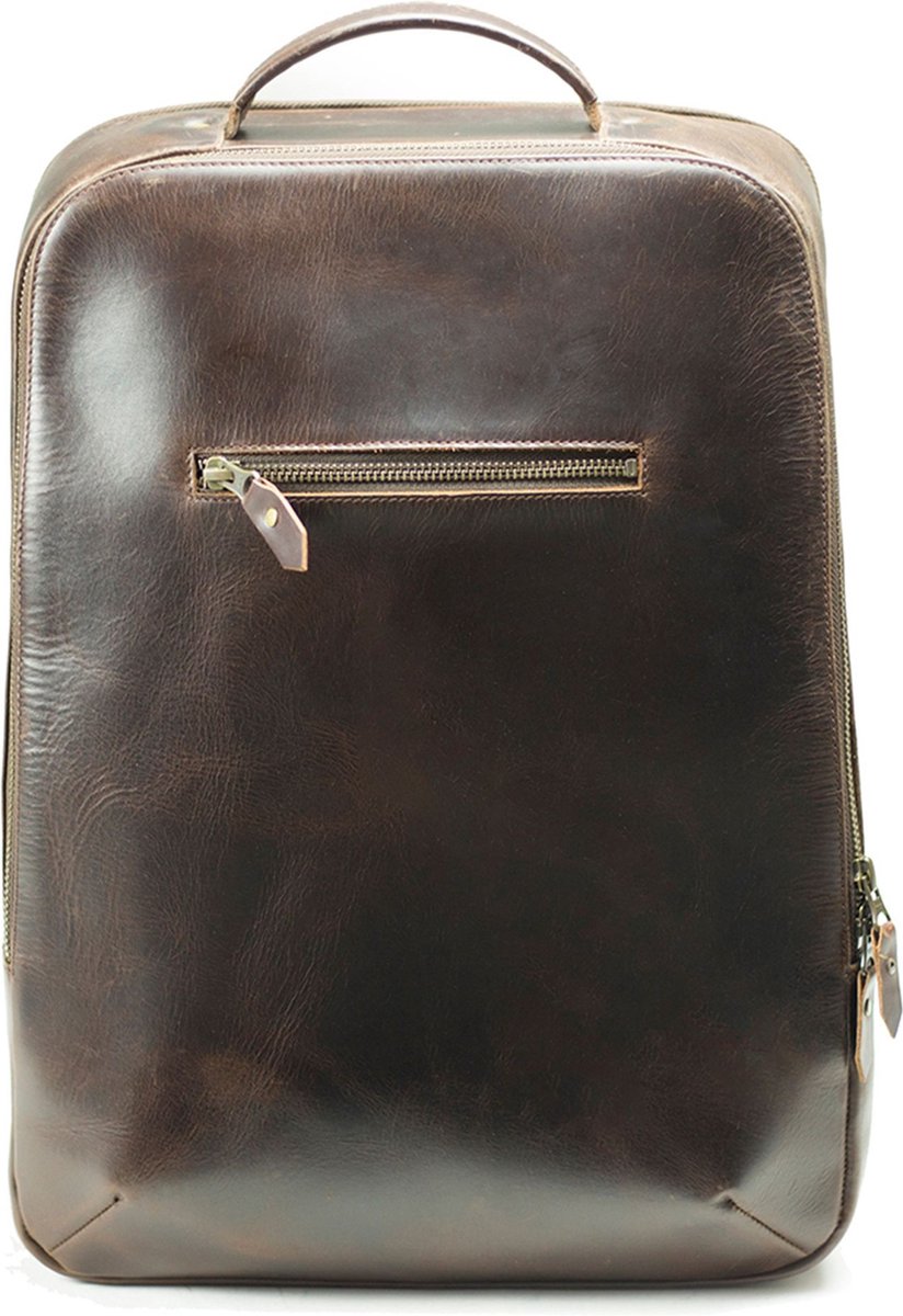 BUCKLE & SEAM Leren Laptop rugzak Rugzak met laptopvak Leon Dots Leather Backpack 13,5L Brown Donkerbruin