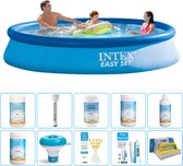 Intex Rond Opblaasbaar Easy Set Zwembad - 366 x 76 cm - Blauw - Inclusief Chloor - Chloordrijver - Testrips - Reparatiesetje - Scrubborstel - PH-waarde - PH-waarde - Thermometer - Algen - Chloor