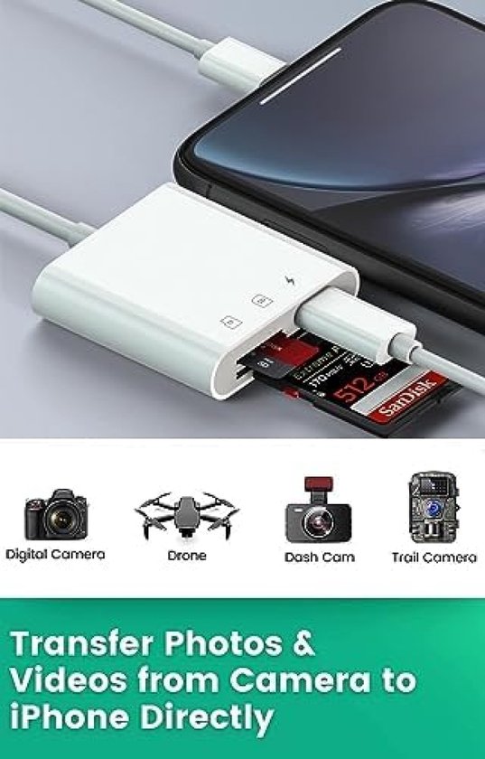 SD-kaartlezer iPhone, SD-kaartlezer voor iPhone iPad, SD-kaartlezer iPhone 2 in 1 met dubbele sleuf voor Micro SD/SD, geheugenkaart camera gelijktijdig opladen/kaartlezer, SD-kaartlezer