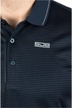 Donkerblauwe polo met horizontale strepen, witte bies op de kraag, twee knopen en het SJS logo.