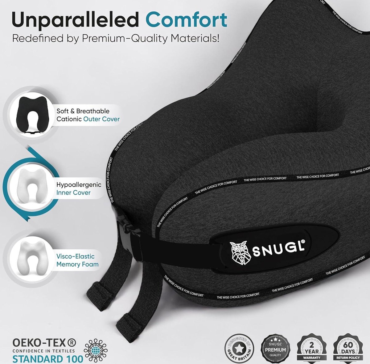 SNUGL Oreiller Memoire Forme Ergonomique | Coussin De Voyage Avion
