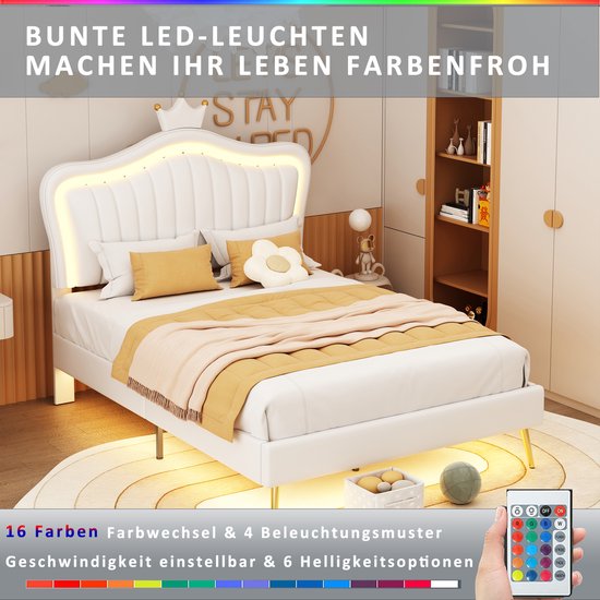 HAINEW Gestoffeerd bed kinderbed 90 × 200 cm met lattenbodem en halfrond hoofdeinde, pluche eenpersoonsbed plat bed tienerbed logeerbed, zonder matras (wit