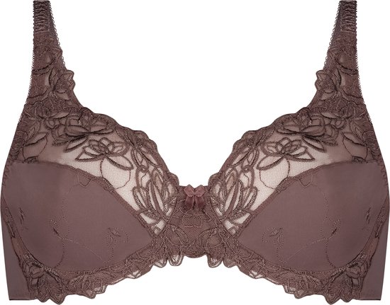 Bruine beugelbeha met transparante cups versierd met kant en bloemen borduursels. Een klein strikje zit tussen de cups.
