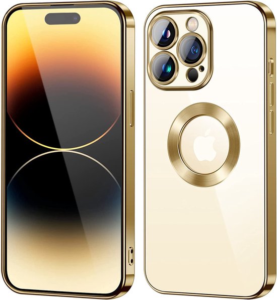 Hoesje Geschikt voor iPhone 14 Pro Magsafe hoes backcover – Lens beschermer – Transparant / Goud