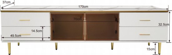 Meuble TV aspect marbre, meuble TV avec 4 pieds, 4 tiroirs structurés avec poignées dorées et deux portes en verre trempé marron, meuble TV moderne pour salon, 170*37*47,5 cm