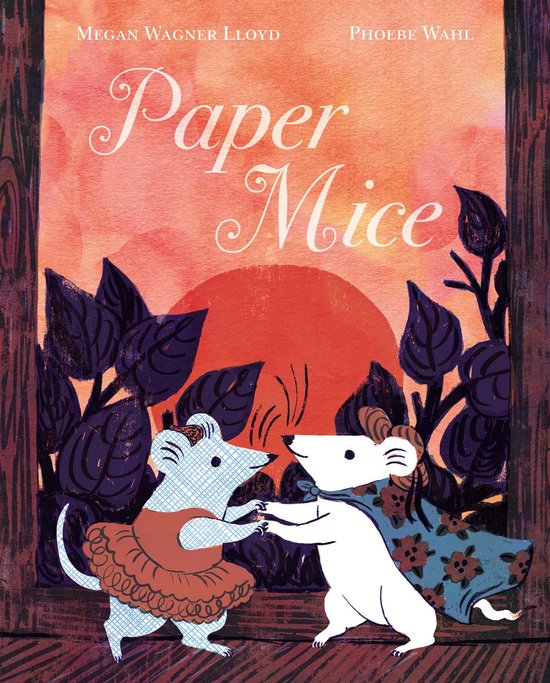 Boekomslag van 'Paper Mice' met twee dansende muizen, een blauwe met ballerina-rok en een witte met strik. Zonsondergang op de achtergrond.