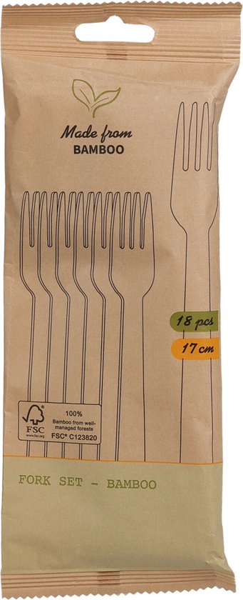 Verpakking met 18 bamboe vorken van 17 cm. Tekst: 'Made from BAMBOO', '18 pcs', '17 cm', 'FORK SET - BAMBOO'.