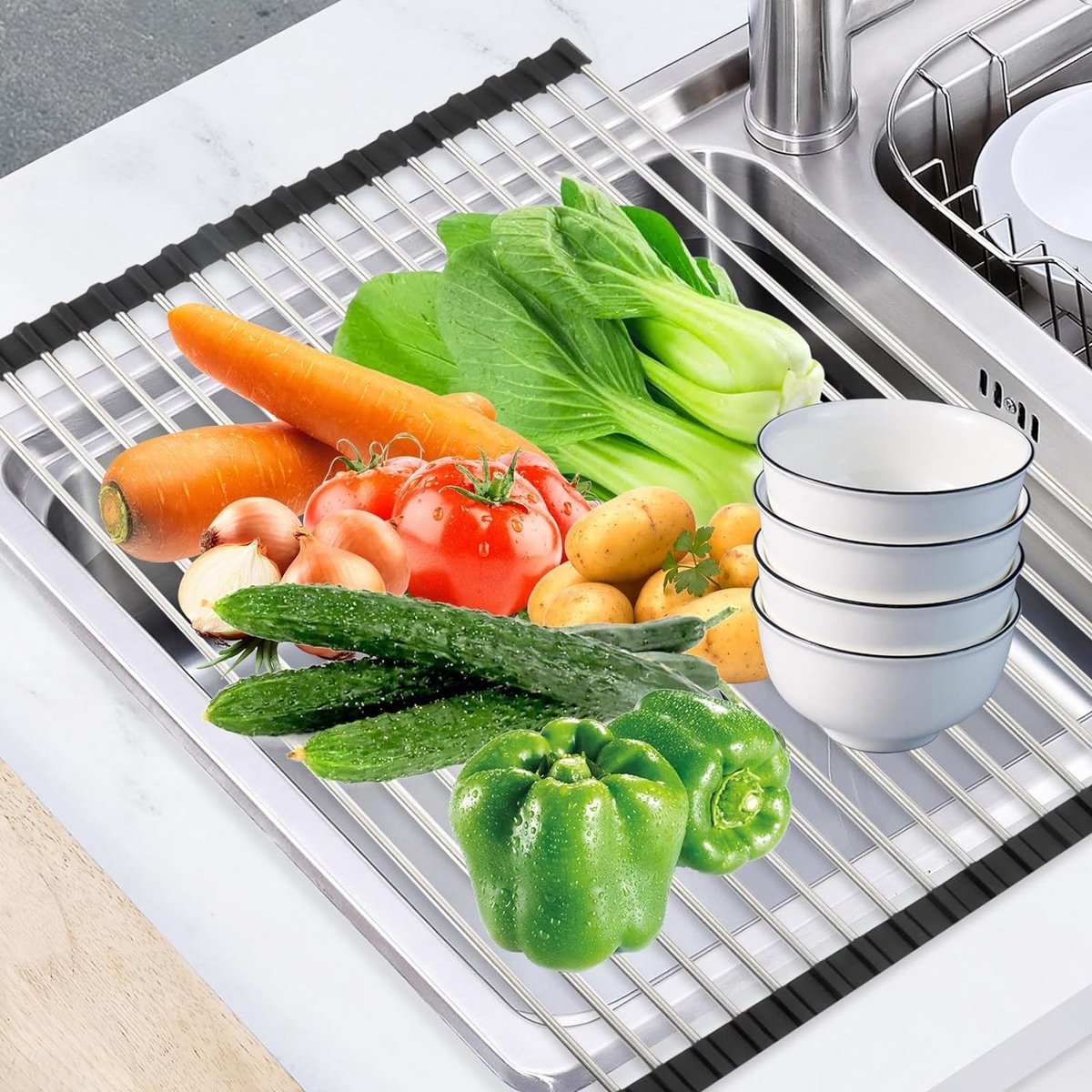 Goedkoopste Afdruiprek Servies Roestvrijstalen Afdruiprek Gootsteen, Opvouwbaar en Verwijderbaar Afdruiprek Keuken Afdruiprek Keukenorganizer Gootsteen Bovenrol Droogrek (43 cm x 35 cm, Zwart