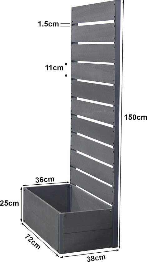 Grijze plantenbak van 72x38x25 cm met 150 cm hoog, latvormig tuinscherm, afmetingen aangegeven.