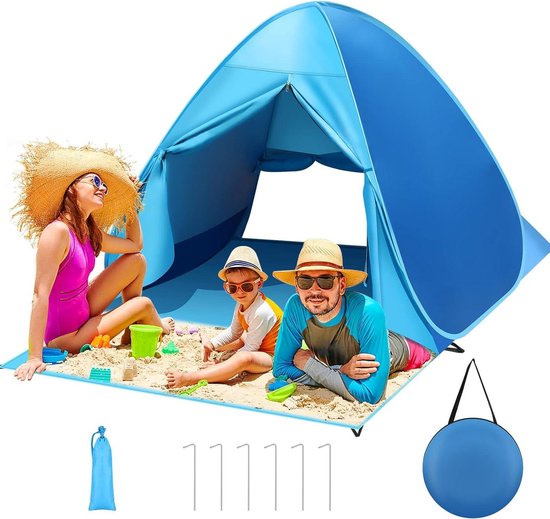 Deryan XXL Pop-up Beach Tent for Adults, Children and Babies, 2-4 People, with Zip, UV Protection 50 , Wind Protection and Rings, Portable Throwing Tent, Cream