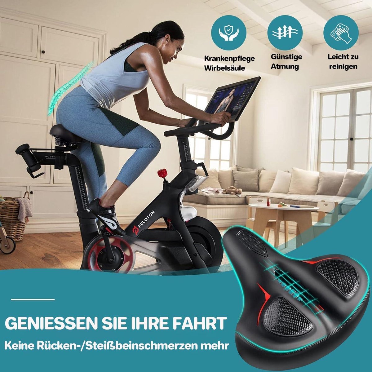 Housse De Siège De Vélo D'appartement – Coussin Large En Mousse Et Gel, Noir, Universel, 1 An Garantie
