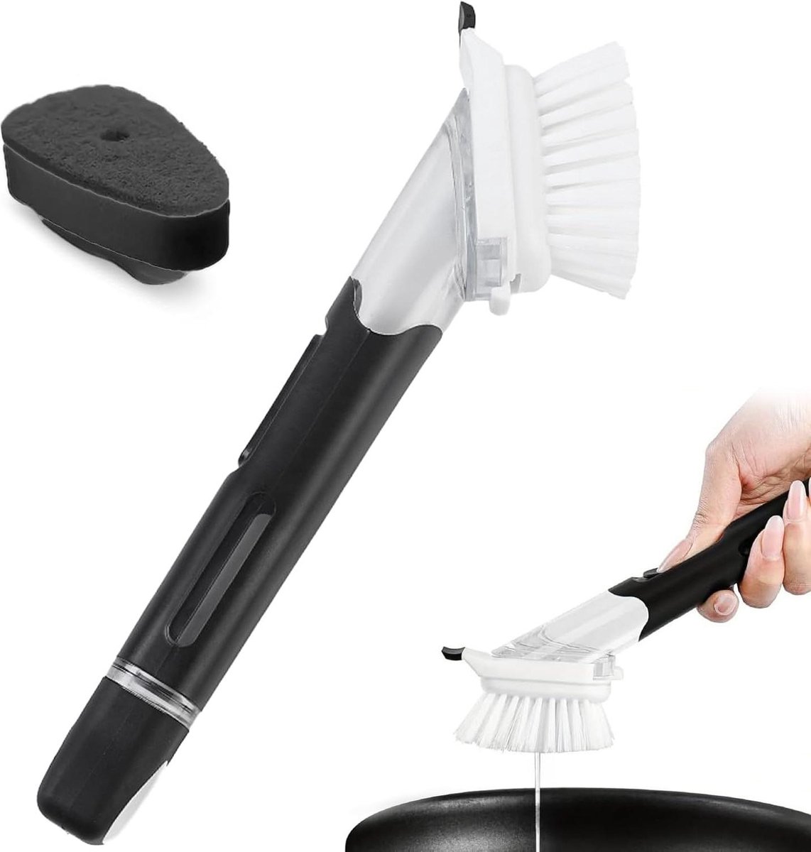 4-in-1 automatische navulbare zeepdispenser voor de keuken met borstel en accessoires, ideaal voor het reinigen van servies, pannen, potten en meer, navulbaar en compatibel met vaatwasser en vloeibare