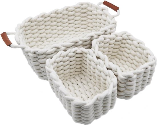Icegrey Katoenen touwmanden met handgrepen, decoratieve natuurlijke rechthoekige opbergmanden organisatoren voor kinderkamer, babykamer, slaapkamer, woonkamer, wit, klein