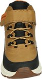 Bruine, hoge kinderschoen met zwarte accenten, veters en een klittenbandsluiting met GEOX-logo.