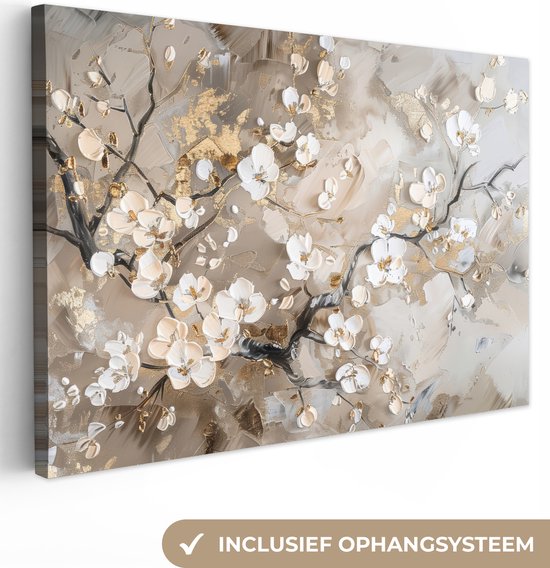Peinture sur toile 120x80 cm - Décoration murale Fleurs - Wit - Or - Beige - Luxe - Décoration murale murale salon - Décoration chambre - Accessoires de chambre - Peintures
