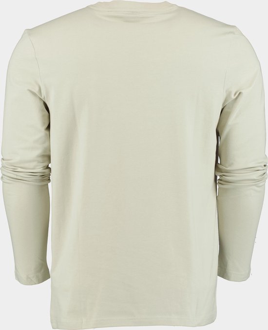 Achterkant van de beige T-shirt met lange mouwen in een effen design.