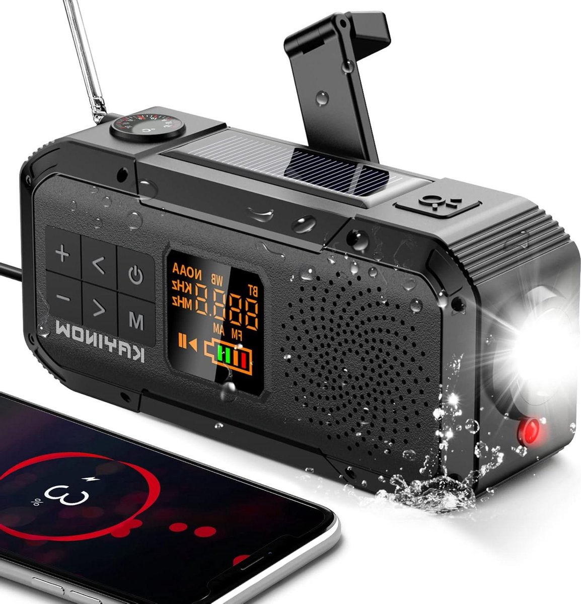 Zwengelradio 2000 mAh - Oplaadfunctie mobiele telefoon - Zonne-energie - 5 W - IPX5 waterdicht - Bluetooth-luidspreker - AM FM radio - Zaklamp - Flitslamp - Kompas - SOS-alarm - Camping uitrusting
