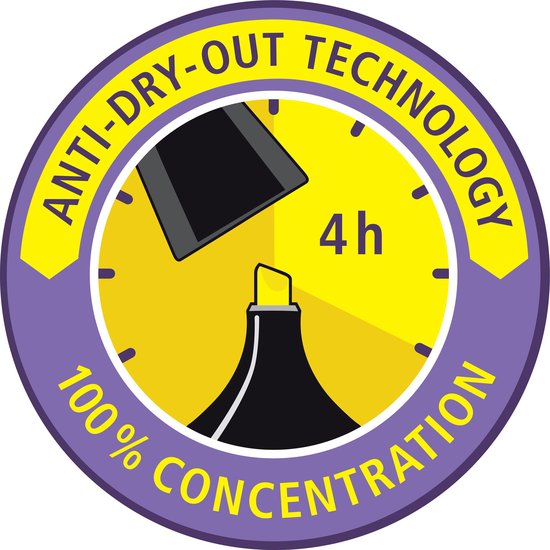 Logo voor STABILO Swing Cool: 'Anti-dry-out technology' met 4 uur droogloopbeveiliging en '100% concentration'.