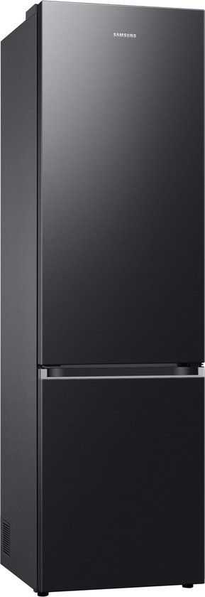 Zwarte Samsung koel-vriescombinatie met een gladde, matte afwerking en een strakke horizontale handgreep. Zijaanzicht.