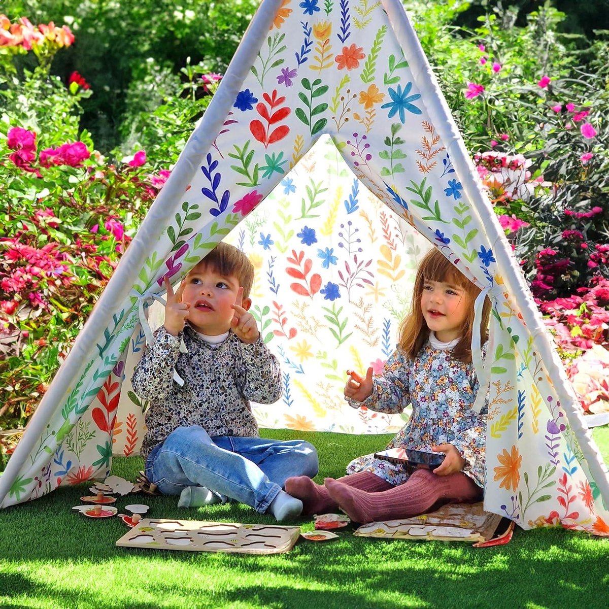 NUBUNI Kinderspeeltent Teepee – Met Mat, Voor Binnen En Buiten, Stevig Dennenhout, Veilig En CE-gecertificeerd – Perfecte Speel- En Leeshut Voor Kinderen