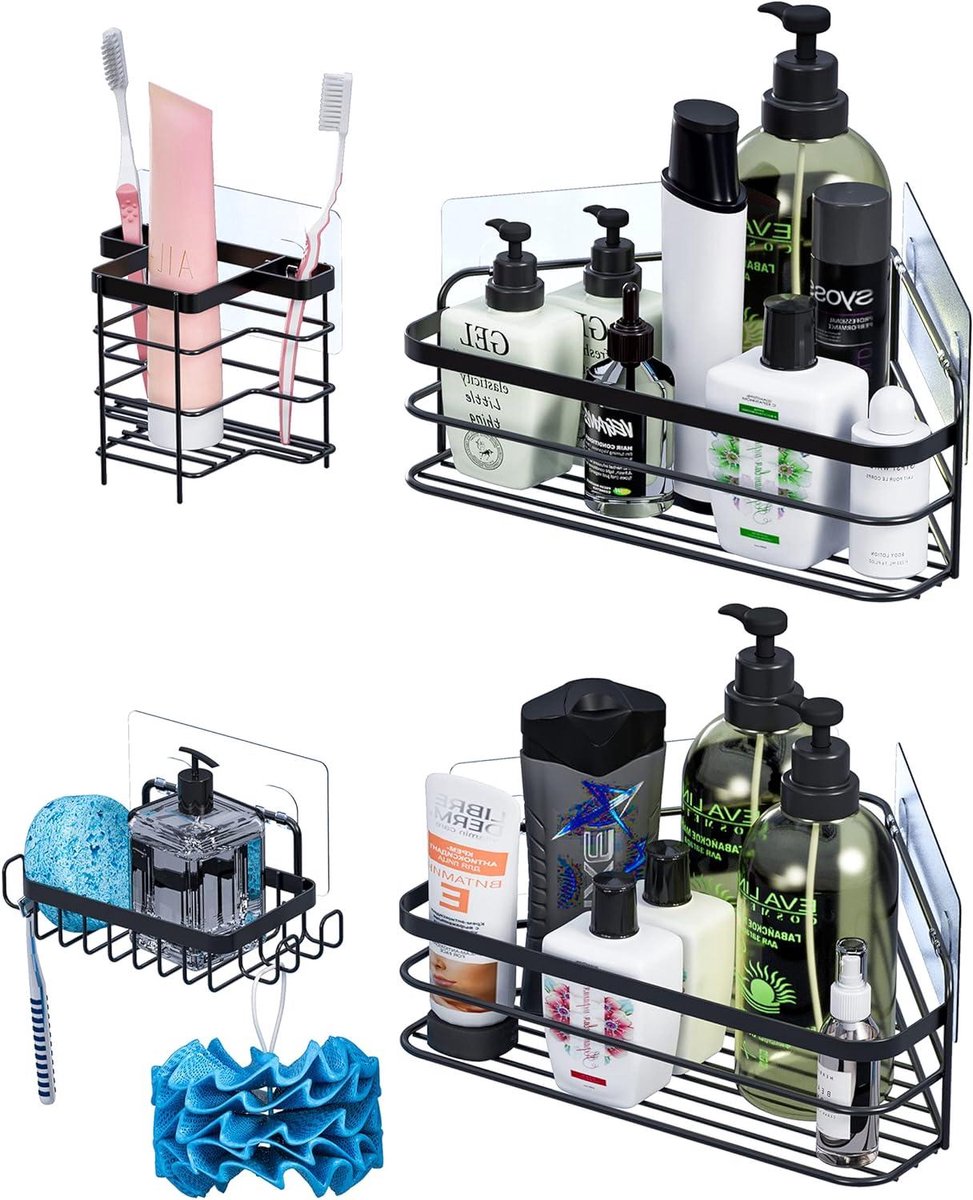 Hoekdouchecaddy wandmontage roestvrijstalen zelfklevende douche-organizer - zwart 4-pack