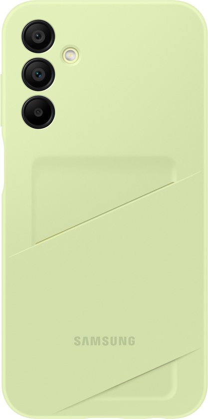 Lichtgroene Samsung hoes met een gleuf voor kaarten en een Samsung logo.