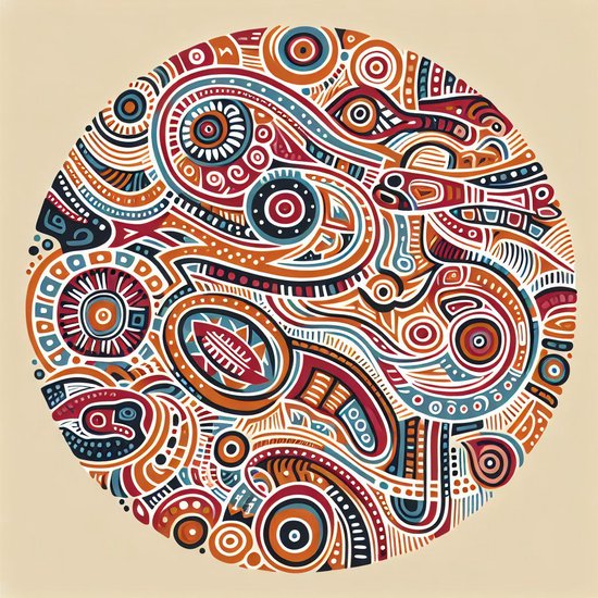 Acryl aboriginal schilderij | Prachtig Aboriginal kunstwerk in levendige kleuren op acryl geschilderd | Kunst - 100x100 centimeter op Dibond | Foto op Dibond