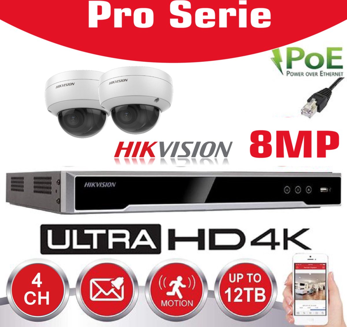 Hikvision IP-Kit 2x 8MP IR Camera / Essential Series - 2x DS-2CD1183G2-LIUF Standaard 30m DUAL Ligth -IR Audio Dome Camera - 4-kanaals DS-7604NXI-K1/4P NVR recorder - 2 TB harde schijf geïnstalleerd
