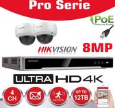Hikvision IP-Kit 2x 8MP IR Camera / Essential Series - 2x DS-2CD2183G0-IU Standaard 30m IR Audio Dome Camera - 4-kanaals DS-7604NI-Q1/4P NVR recorder - 2 TB harde schijf geïnstalleerd