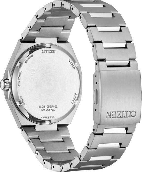 Achterkant van een zilverkleurig Citizen Eco-Drive Titanium horloge met metalen band en merklogo.