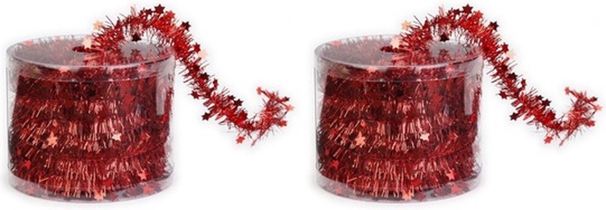 2x Dunne kerstslingers rood 3,5 x 700 cm - Guirlandes folie lametta - Rode kerstboom versieringen
