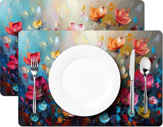 Napperons - 6 pièces - 45x30 cm - Set de table en plastique - Fleurs - Coloré - Abstrait - Peinture - Nature - Assiettes' assiettes - Décoration pour la table - Accessoires de décoration de table de Cuisine - Tapis en Vinyl - Décoration de table