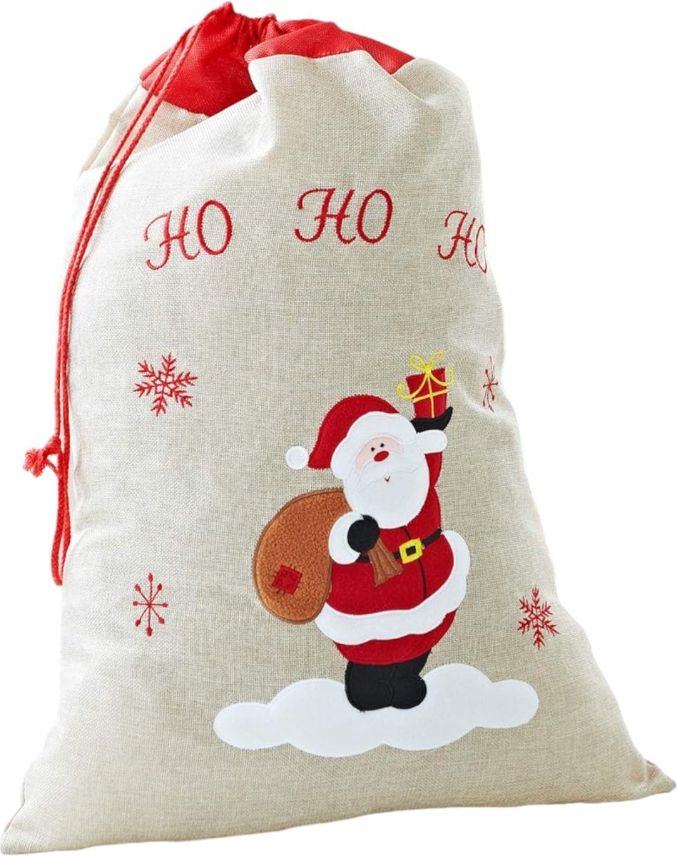 Jute Kerstzak Geschenkzak met trekkoord en geborduurde Kerstman - 50 x 70 cm