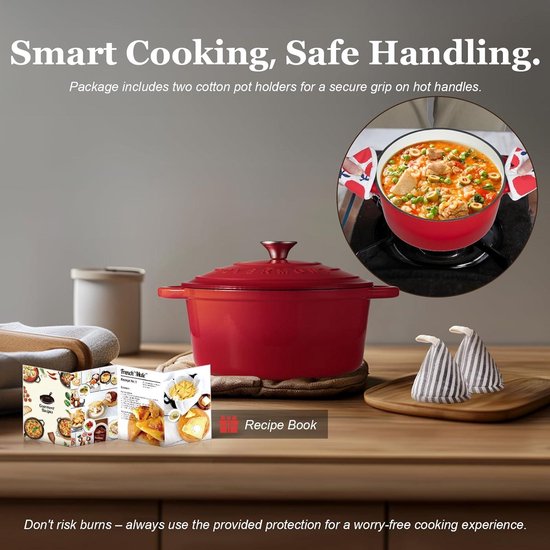 Overmont Braadpan, geëmailleerd, gietijzeren pan, Dutch Oven, 26 cm, ovenbestendig, met deksel en kookboek, voor braden, keuken, bakken, smoren, koningsblauw