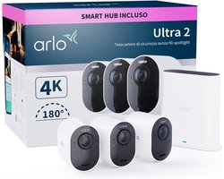 Arlo Ultra 2 draadloze WiFi-beveiligingscamera voor buiten, 4K UHD, 180˚ kleurennachtzicht, sirene & spotlight, bewegingsdetectie, 2-weg-audio, 6 mnd batterij, lokale opslag (SD-kaart), incl. proefp. Arlo Secure, 3 IP-Camera’s + Smart Hub, wit