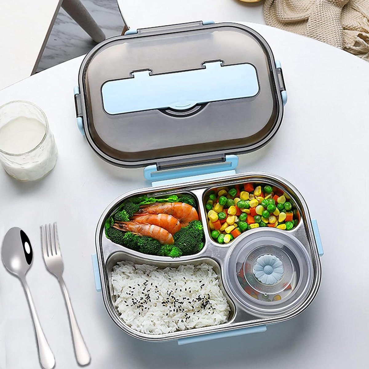 304 roestvrijstalen lunchbox met 4 vakken vork en lepel dessertbeker 1500 ml Bento lunchbox broodtrommel warmhoudbox eten ontbijtbox wandelen reizen school