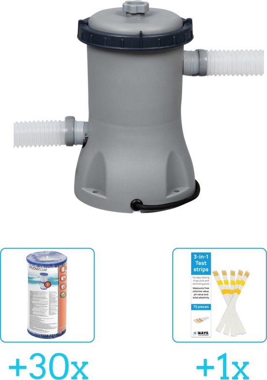 Grijze Bestway filterpomp met twee slangen, plus verpakking filtercartridges en een doos met teststrips.