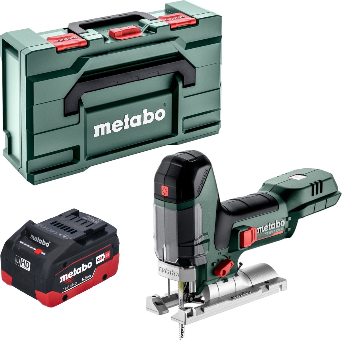 Metabo ST 18 LT 130 BL accu-decoupeerzaag 18 V 130 mm borstelloos + 1x LiHD-accu 5,5 Ah + Metabox - zonder oplader