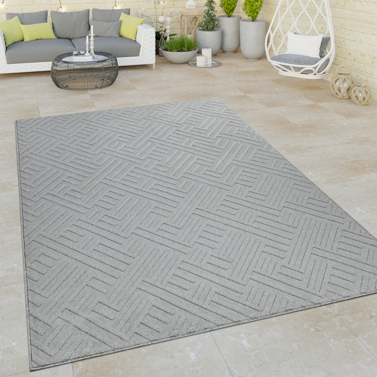Paco Home Outdoor Indoor Grijs Vloerkleed Terras Balkon 3D-Look Oosterse Look Platweefsel 80x150 cm